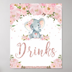Rosa Blumen-Elefanten-Baby-Shower-Getränke-Schild- Poster