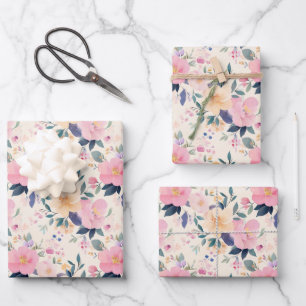 Rosa Blumen Elegantes Flora und Fauna Geschenkpapier Set