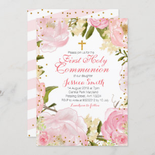 Rosa Blumen Erste Kommunion Einladung. Einladung