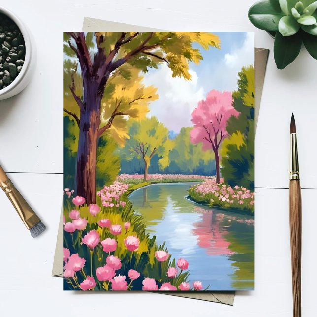 Rosa Blumen Fluss Garten Blühende Wasserfarbe Postkarte (Von Creator hochgeladen)