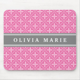 Rosa Blumen-Gittermuster Grauer Name Mousepad