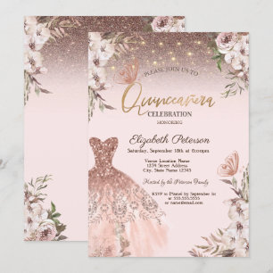 Rosa Blumen Glitter Schmetterlinge Kleid Quinceañe Einladung