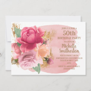 Rosa Blumen Gold Glitter 50. Geburtstagsfeier Einladung