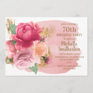 Rosa Blumen Gold Glitter 70. Geburtstagsfeier Einladung