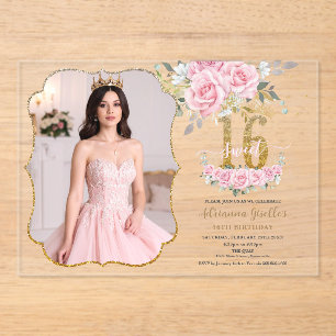 Rosa Blumen Gold Sweet Sixteen 16. Geburtstag Foto Acryleinladungen
