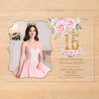 Rosa Blumen Gold Sweet Sixteen 16. Geburtstag Foto Acryleinladungen