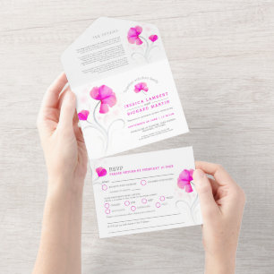 Rosa Blumen graue Wirbel Wasserfarbe Hochzeit All In One Einladung