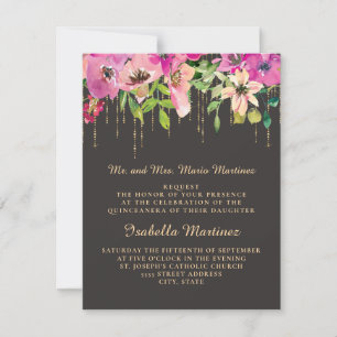 Rosa Blumen Grün Blätter Schwarz Gold Quinceañera Einladung
