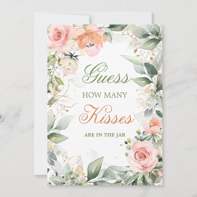 Rosa Blumen, Grün Guess Wie viele Kisses Spiel Einladung (Vorderseite)