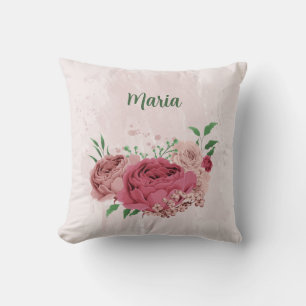 rosa Blumen grüne Blätter Kissen