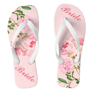 Rosa Blumen Grüne Blätter Wasserfarben Braut Flip Flops