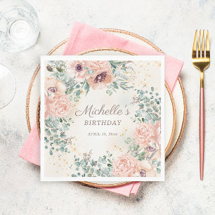 Rosa Blumen Grünes Blattwerk Gold Glitter Geburtst Serviette