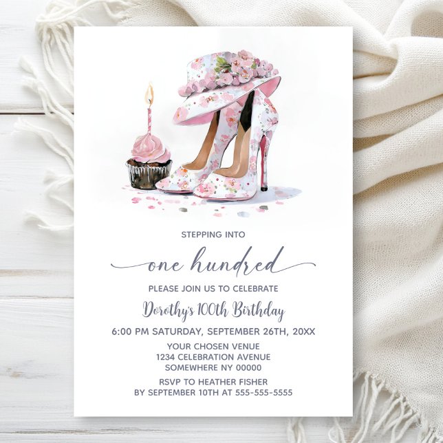 Rosa Blumen-Hochhack Schuhe 100. Geburtstag Einladung (Von Creator hochgeladen)