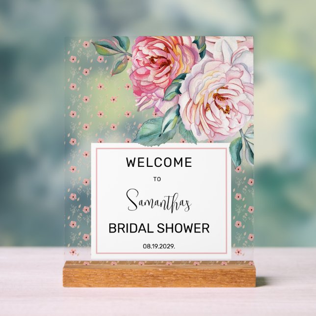 Rosa Blumen Hochzeitsshower Willkommen Acrylschild (Neutral)