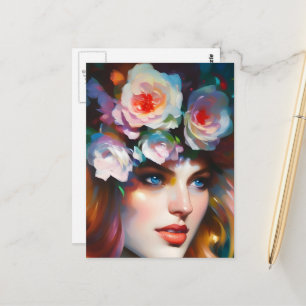 Rosa Blumen in ihren Haaren Postkarte