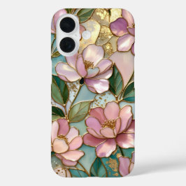 Rosa Blumen iPhone-Hülle Bleiglas-Design in Gold iPhone 16 Hülle