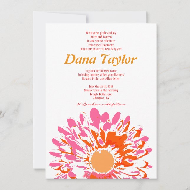 Rosa Blumen-jüdisches Baby, das Einladungs-Hebräer Einladung (Vorderseite)