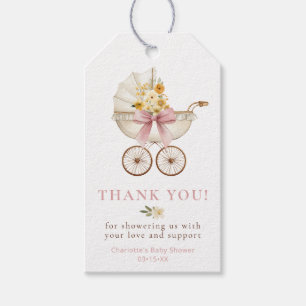 Rosa Blumen-Kinderwagen Danke   Babyparty Geschenkanhänger