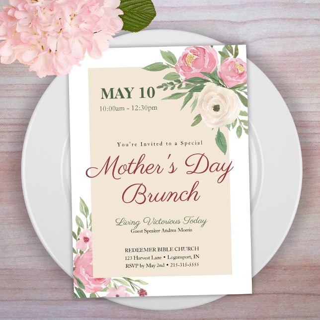 Rosa Blumen Kirchen-Muttertags-Brunch Einladung (Von Creator hochgeladen)