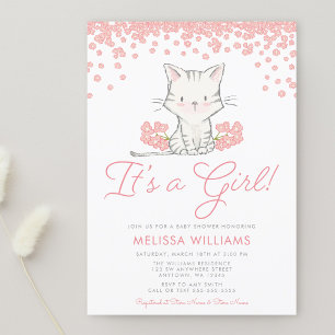 Rosa Blumen Kitten Mädchen Baby Shower Einladung