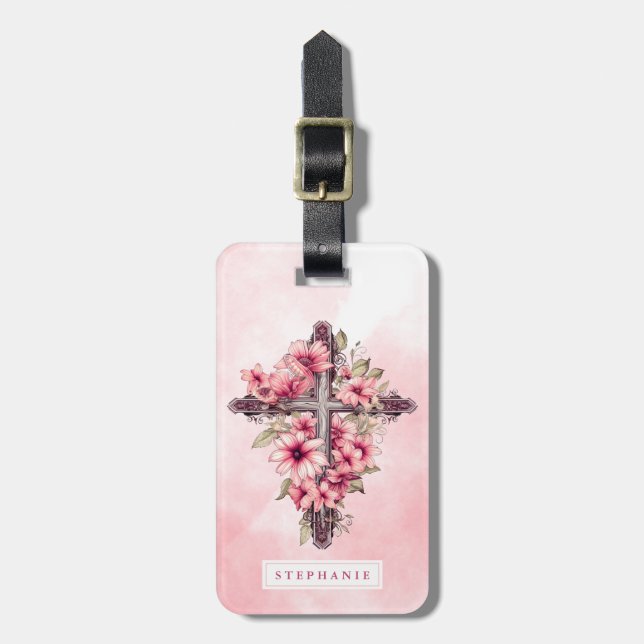 Rosa Blumen Kreuz-Gepäckanhänger Gepäckanhänger (Vorderseite vertikal)