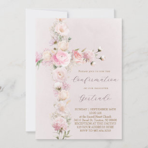 rosa Blumen Kreuz Konfirmation Einladung