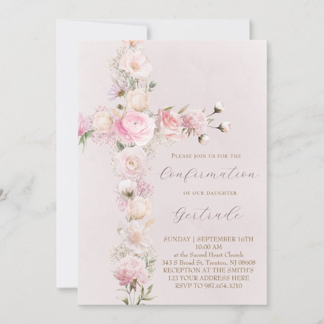 rosa Blumen Kreuz  Konfirmation Einladung (Vorderseite)
