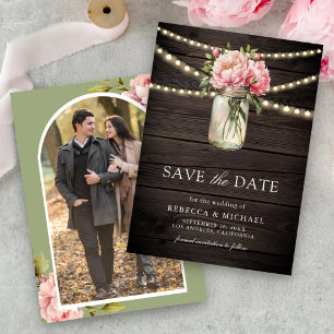 Rosa Blumen-Mason-Glas-Foto-Holz-Hochzeit Save The Date