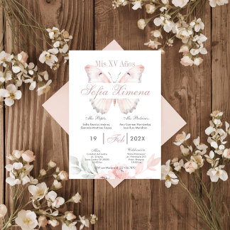 Rosa Blumen mit Schmetterlingen Quinceañera Einladung