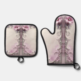 Rosa Blumen-Ofenhandschuh- und Topflappen-Set Ofenhandschuh & Topflappen-Set