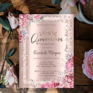 Rosa Blumen Roségold Glitterrahmen Krone Einladung
