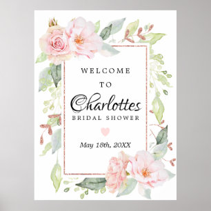 Rosa Blumen-Roségold Willkommensschild für Brautpa Poster