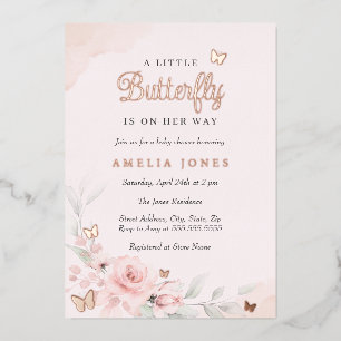 Rosa Blumen-Rosen-Schmetterling Baby Shower  Folieneinladung