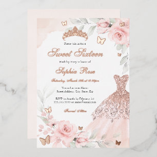Rosa Blumen-Rosen-Schmetterling-Kleid Sweet Sixtee Folieneinladung