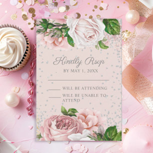 Rosa Blumen Rosen Silber Glitter  RSVP Karte