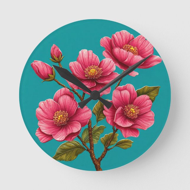 Rosa Blumen Runde Wanduhr (Vorderseite)