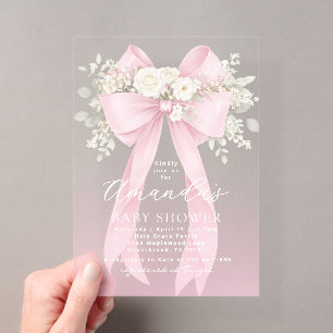 Rosa Blumen-Schleife Baby in Blüte Baby Shower Acryleinladungen
