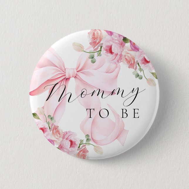 Rosa Blumen-Schleife Baby Shower Button (Vorderseite)