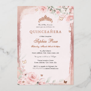 Rosa Blumen-Schmetterlings-Tiara Quinceanera 15. G Folieneinladung