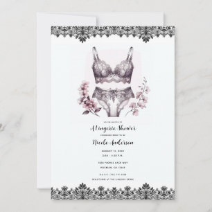 Rosa Blumen & schwarze Spitze Lacey Unterwäsche Du Einladung