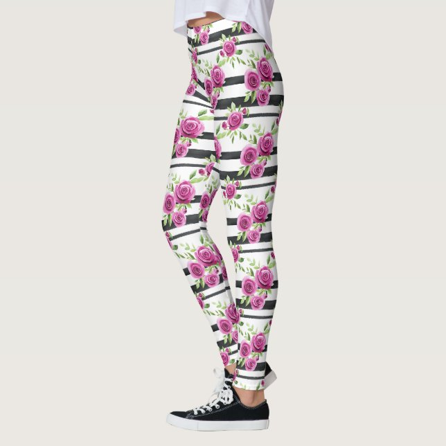 Rosa Blumen schwarze Streifen   Leggings (Links)