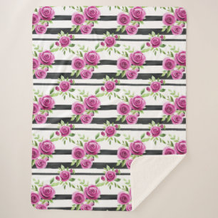 Rosa Blumen schwarze Streifen   Sherpadecke