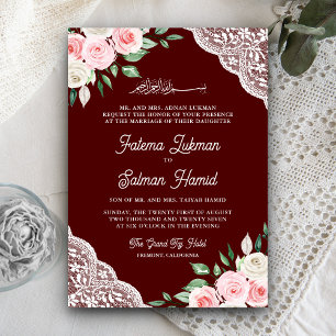 Rosa Blumen-Spitze Burgund QR-Code Muslimische Hoc Einladung