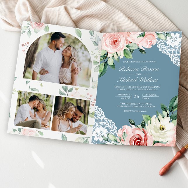Rosa Blumen-Spitze Staubblau QR-Code Hochzeit Einladung (Von Creator hochgeladen)
