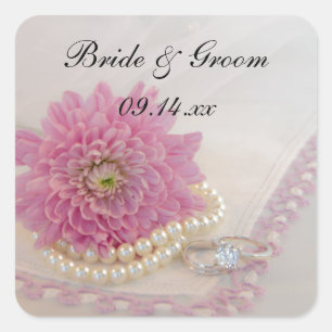 Rosa-Blumen-, Spitze- und Ringe-Hochzeitsumschlags Quadratischer Aufkleber