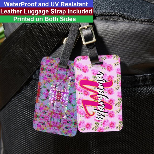 Rosa Blumen (Süßer Name & Initiale) Girly-Monogram Gepäckanhänger (Floral Luggage Tag
)