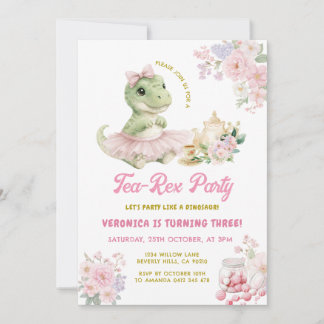 Rosa Blumen Tee-Rex Dinosaurier 3. Geburtstag Einladung