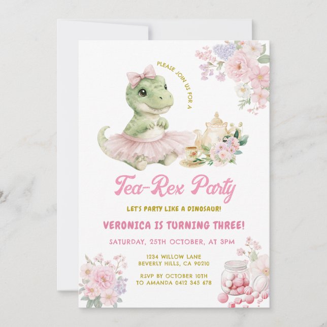 Rosa Blumen Tee-Rex Dinosaurier 3. Geburtstag Einladung (Vorderseite)