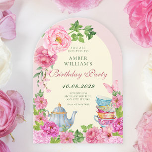 Rosa Blumen Tee Tasse Garten Geburtstag Einladung