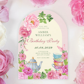 Rosa Blumen Tee Tasse Garten Geburtstag Einladung